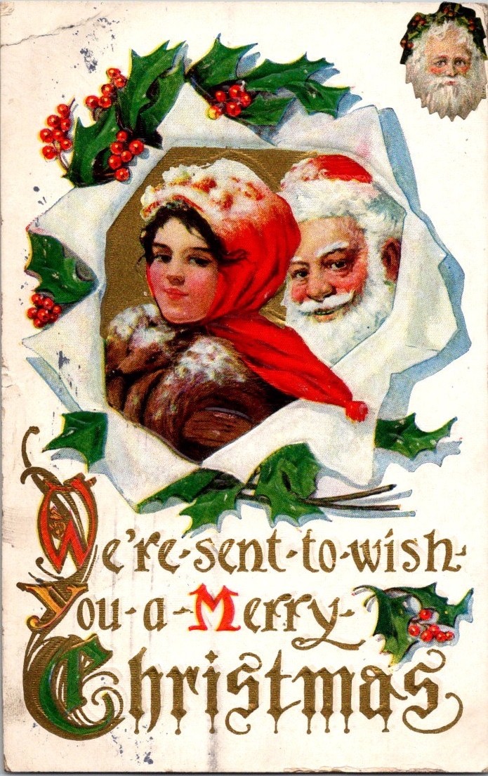 Antique 1912 Christmas Postcard Santa Claus Girl Holly Embossed Ephemera Antique 1912 Christmas Postcard Santa Claus Girl Holly Embossed Ephemera