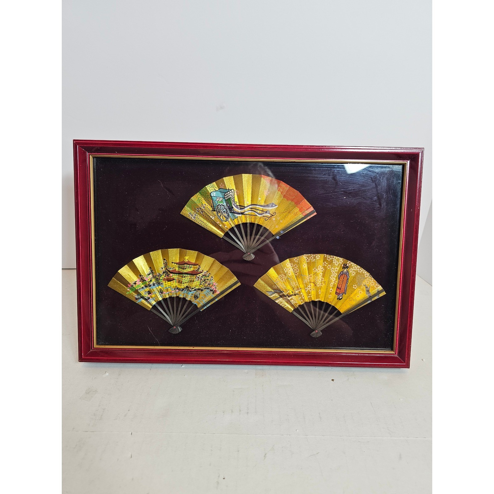Vintage Japanese Mini Folding Fan Shadow Box Art Gold Geisha Temple Red Frame Vintage Japanese Mini Folding Fan Shadow Box Art Gold Geisha Temple Red Frame