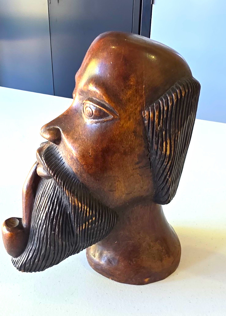 Vintage Hand Carved Wood Bearded Man Smoking Pipe Bust Folk Art Sculpture 10”