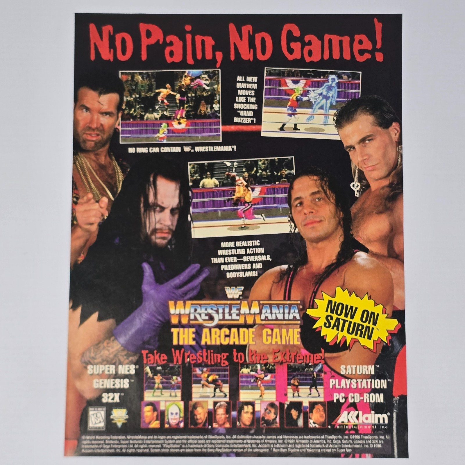 WWF Wrestlemania Arcade Game SNES Genesis PS1 No Pain Print Ad/Poster WWF Wrestlemania Arcade Game SNES Genesis PS1 No Pain Print Ad/Poster