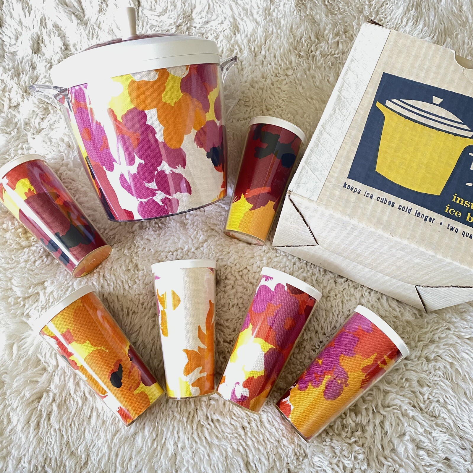 Vtg 60s 70s Thermo-Temp Colorful Ice Bucket Flowers 6 Tumblers Boho Insulated Vtg 60s 70s Thermo-Temp Colorful Ice Bucket Flowers 6 Tumblers Boho Insulated