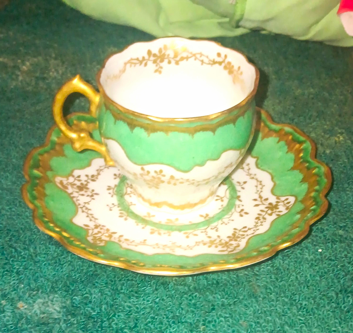 Antique Elite Limoges France Teacup & Saucer Set Raised Gold Paste & Seafoam Grn Antique Elite Limoges France Teacup & Saucer Set Raised Gold Paste & Seafoam Grn