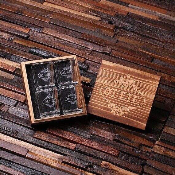 Personalized Set of 4 Shot Glasses w/ Customized Wooden Box Groomsmen Usher Gift
