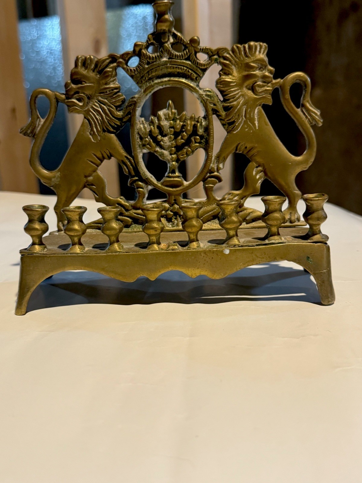 Vintage Brass Hanukkah Menorah Candelabra Lions of Judah Crown Judaica 9-Branch