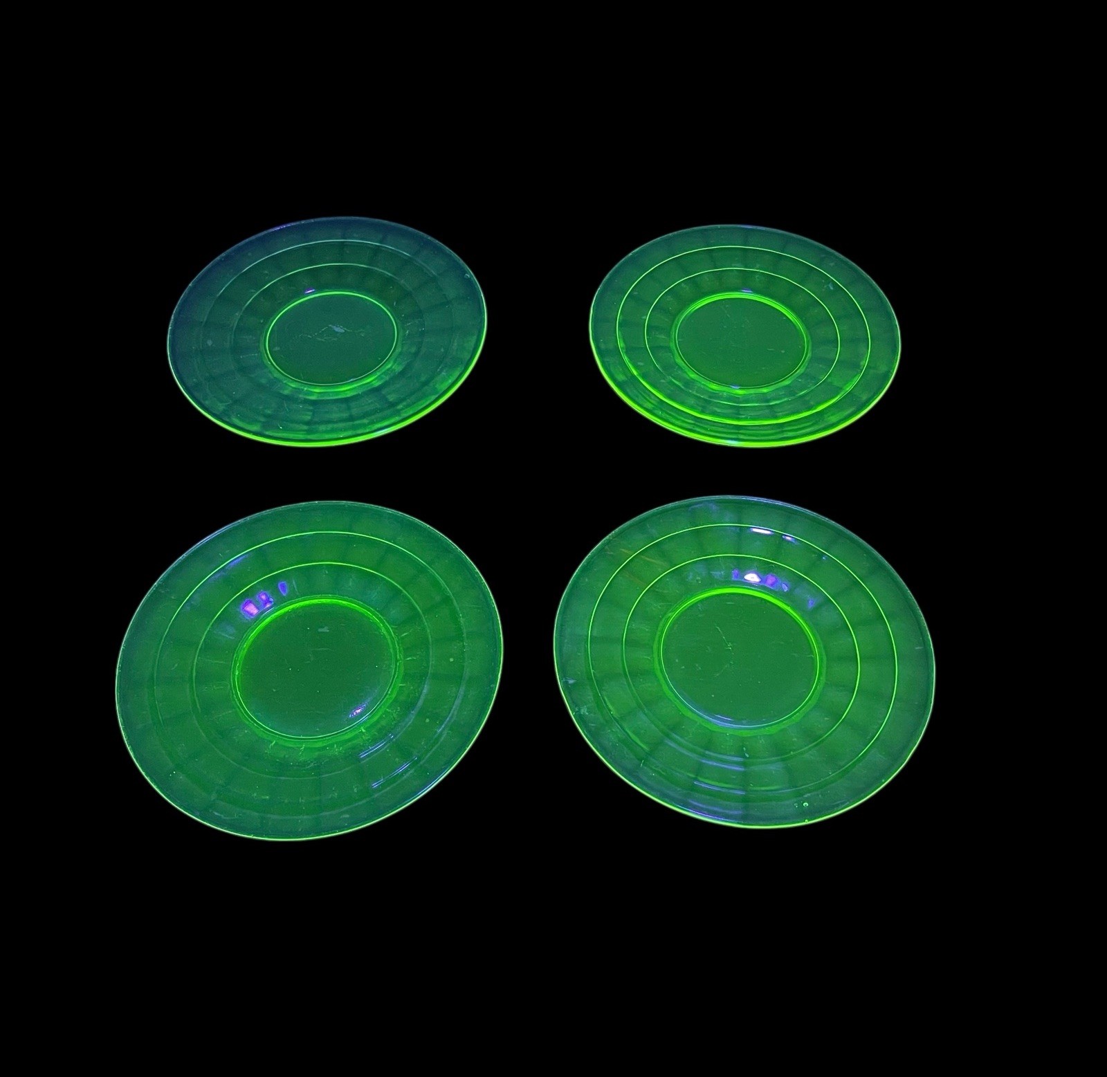 Set of 4 Vintage Uranium Green Depression Glass 6” Circle Plates Set of 4 Vintage Uranium Green Depression Glass 6” Circle Plates
