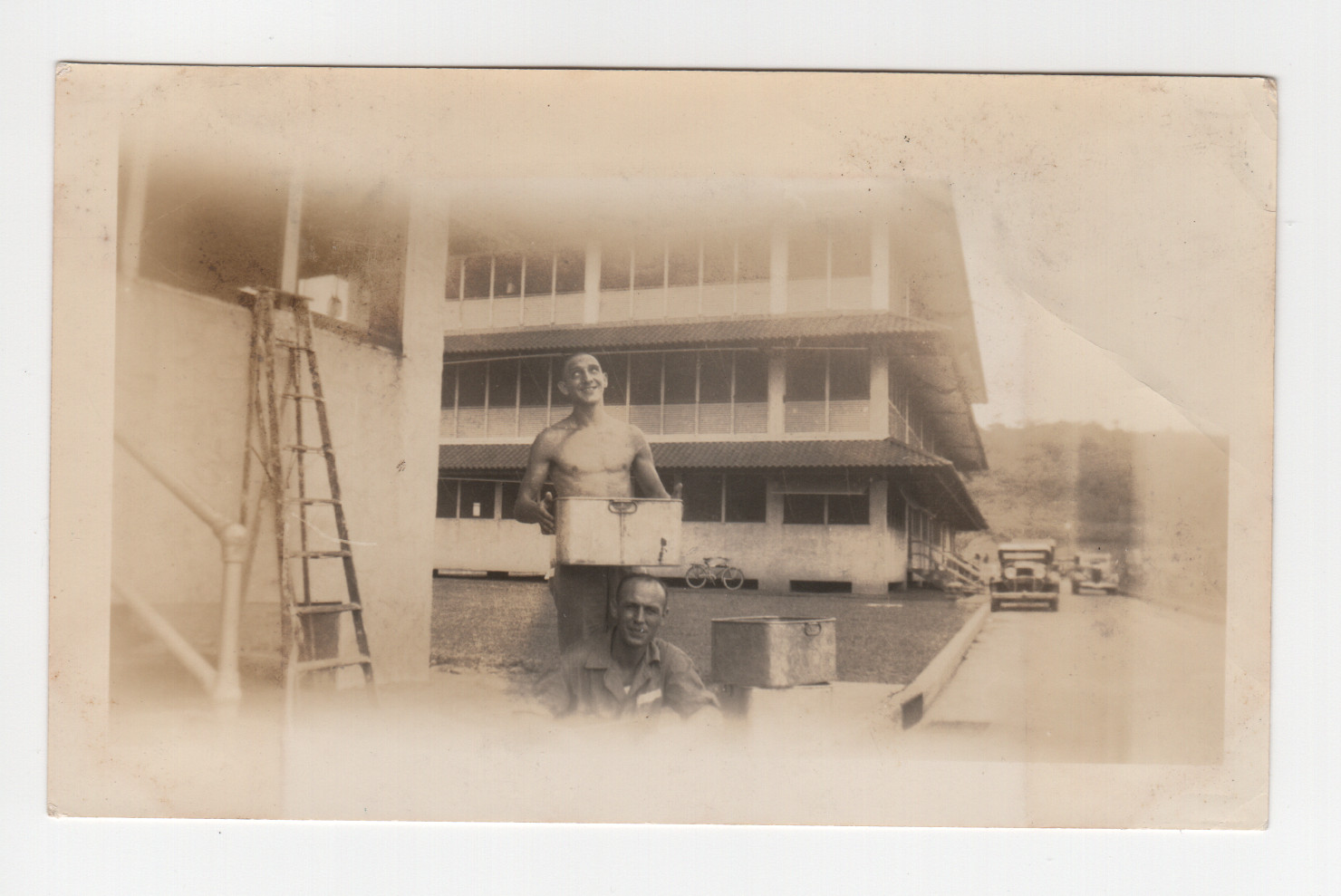 Antique 1920s Photo Shirtless Working Men Factory Warehouse Labor Snapshot Sepia