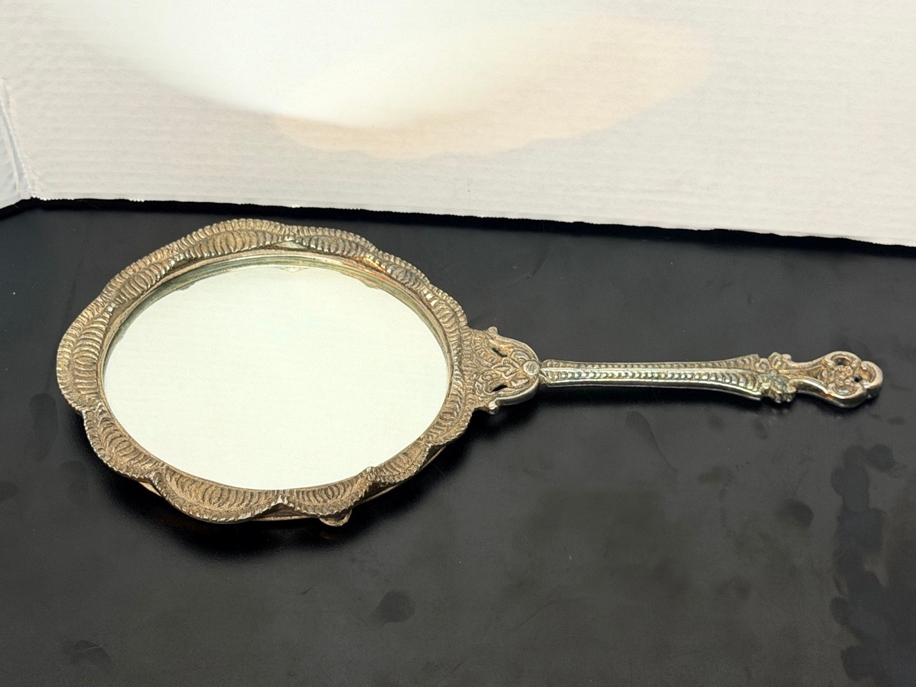 Vintage Ornate Silver Plate Hand Mirror Beveled Vanity Mirror Floral Handle 12in Vintage Ornate Silver Plate Hand Mirror Beveled Vanity Mirror Floral Handle 12in