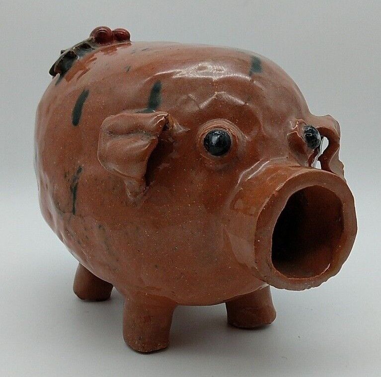 Pig Bank Primitive Folk Art Handmade OOAK w/ Holly Rare Vtg, No Snout Cork, Coin