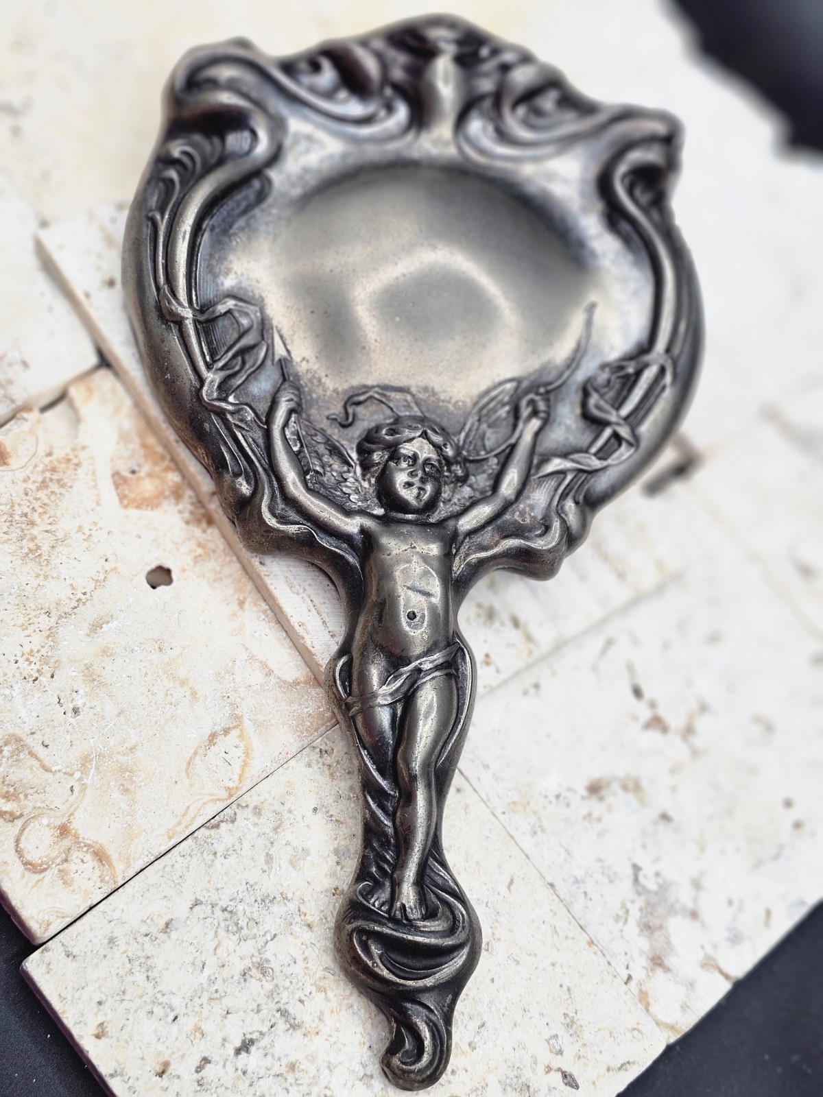 Antique ART NOUVEAU Silverplate Beveled HAND MIRROR, Cupid & Arrow Vanity Mirror