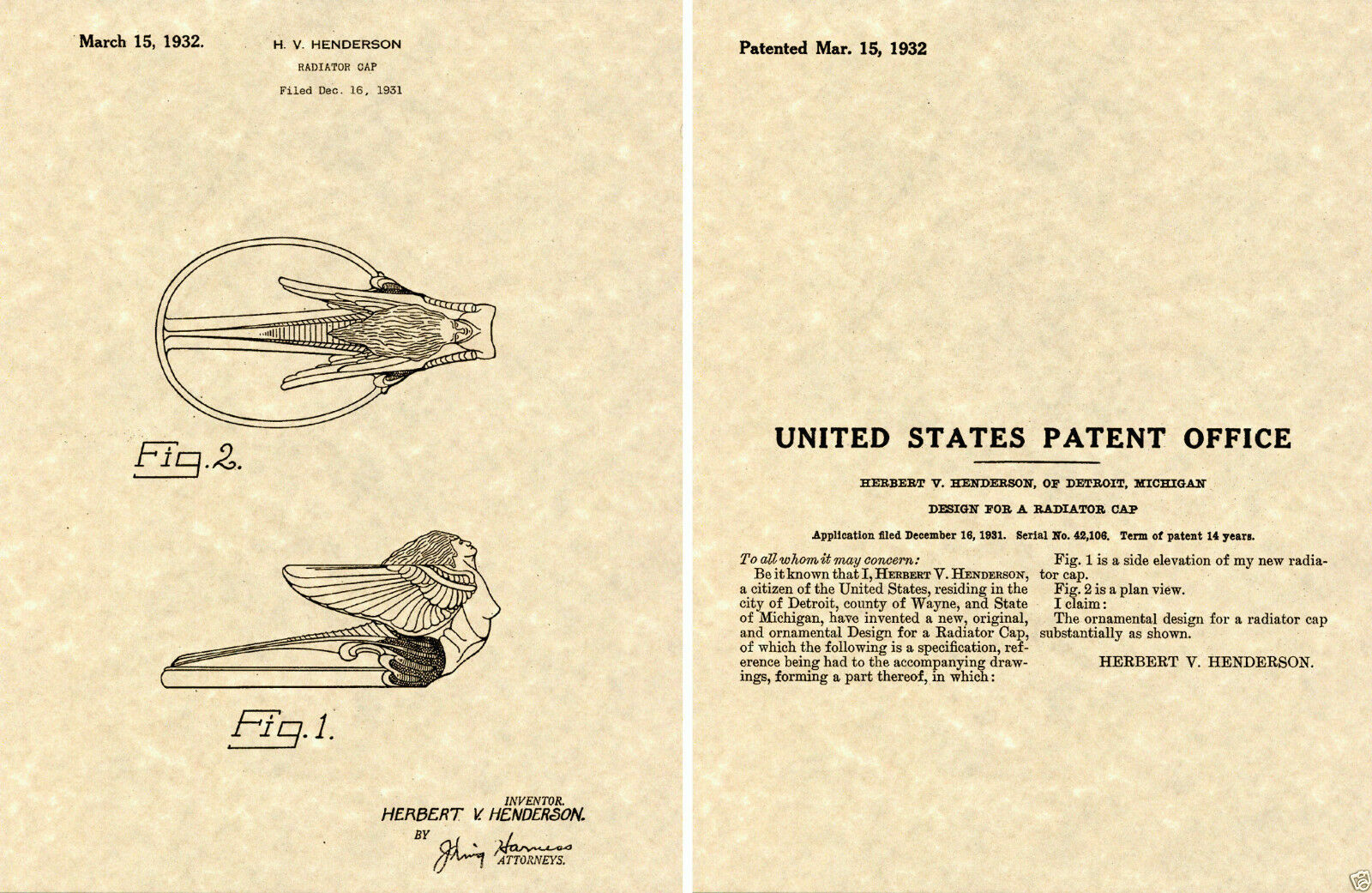 1931 1932 PLYMOUTH HOOD ORNAMENT Patent Print READY TO FRAME radiator cap 1931 1932 PLYMOUTH HOOD ORNAMENT Patent Print READY TO FRAME radiator cap
