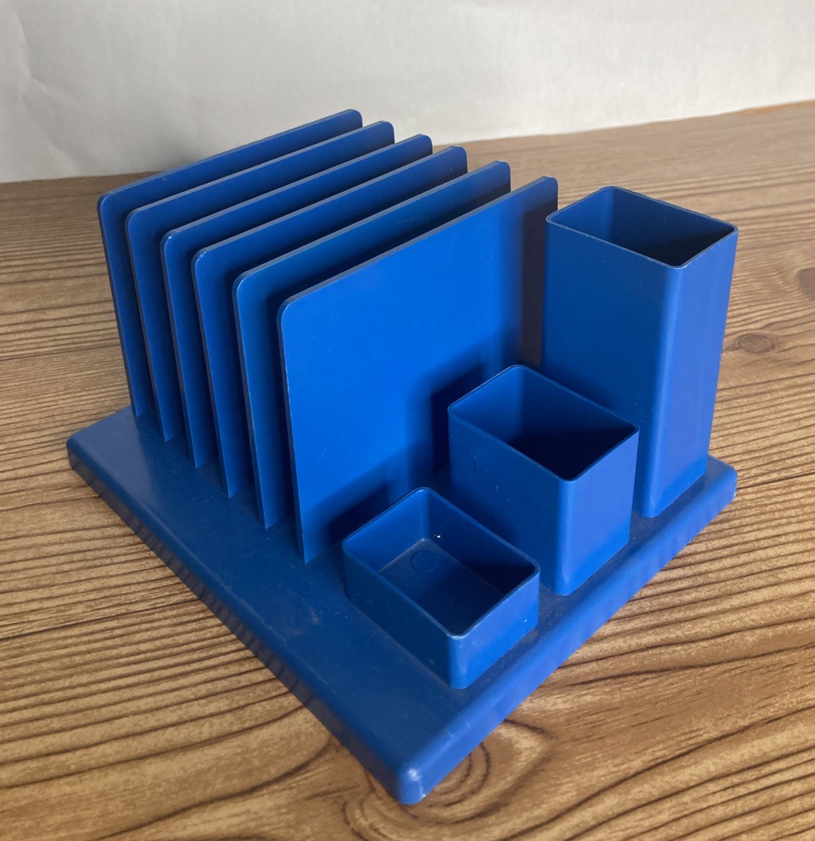 Vintage Bright Blue Plastic Desk Organizer Pen Caddy Office Mail Organize