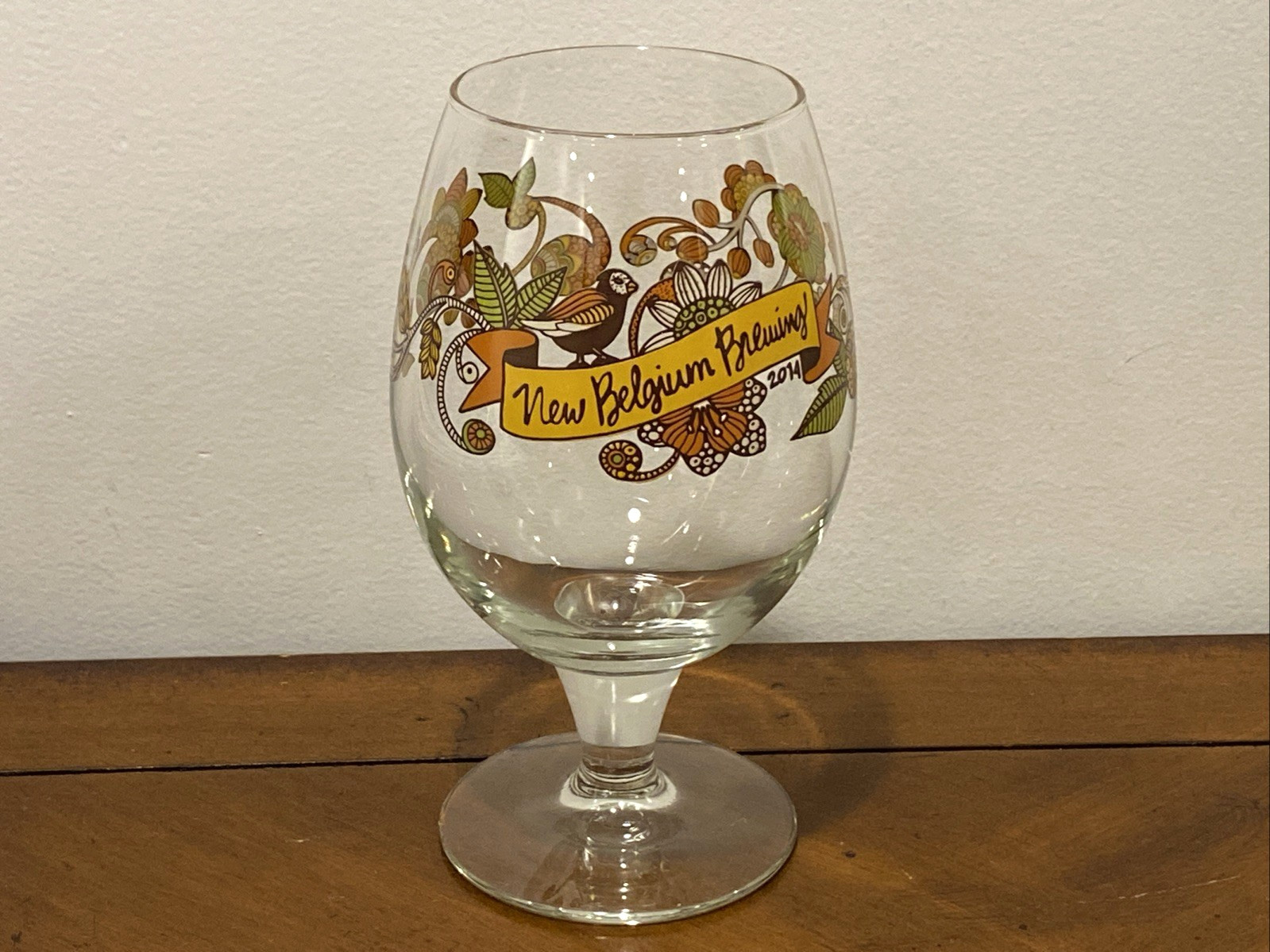 New Belgium Brewing 2014 Beer Glass Bird Floral Art 6.5” Tall New Belgium Brewing 2014 Beer Glass Bird Floral Art 6.5” Tall