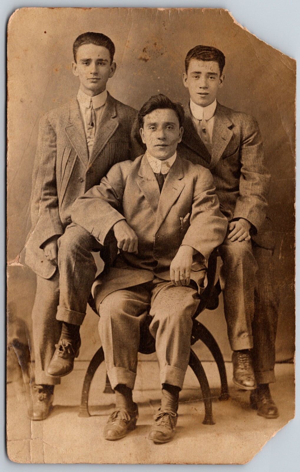 c1910s Three Men Suits Studio Portrait Pants Folded At Bottom VINTAGE Postcard c1910s Three Men Suits Studio Portrait Pants Folded At Bottom VINTAGE Postcard