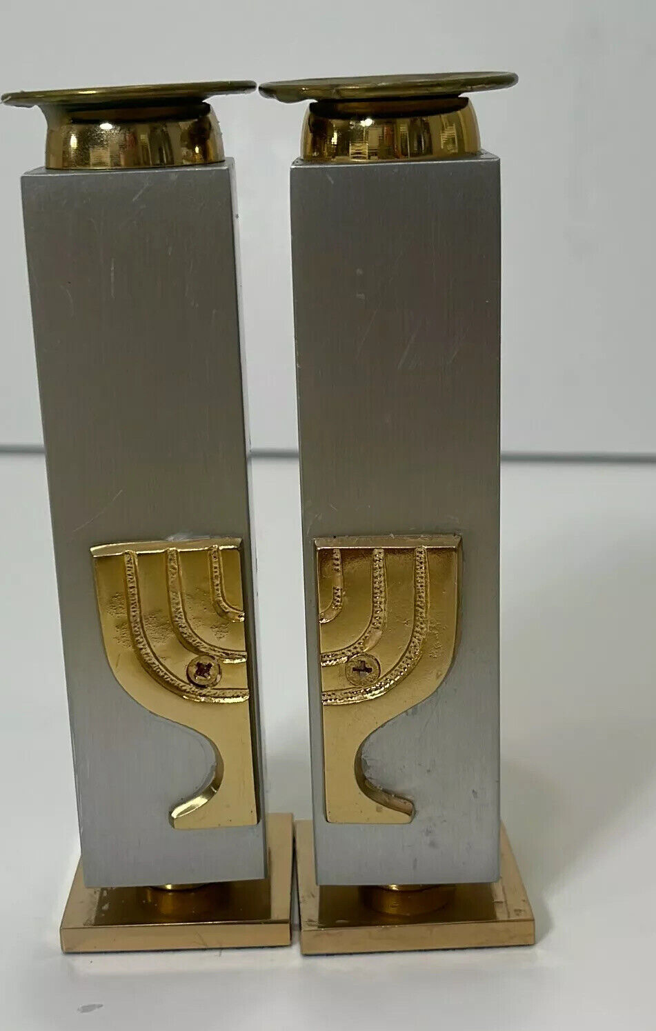 Set Of 2 Oppenheim 24k Gold & Silver Plated Jerusalem RD Candle Stick Holder