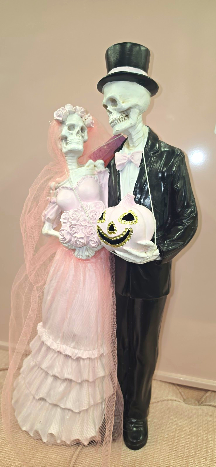 Glamorous Ghosts Skeleton Bride & Groom Figurine Pink Resin Fabric 18in Glamorous Ghosts Skeleton Bride & Groom Figurine Pink Resin Fabric 18in