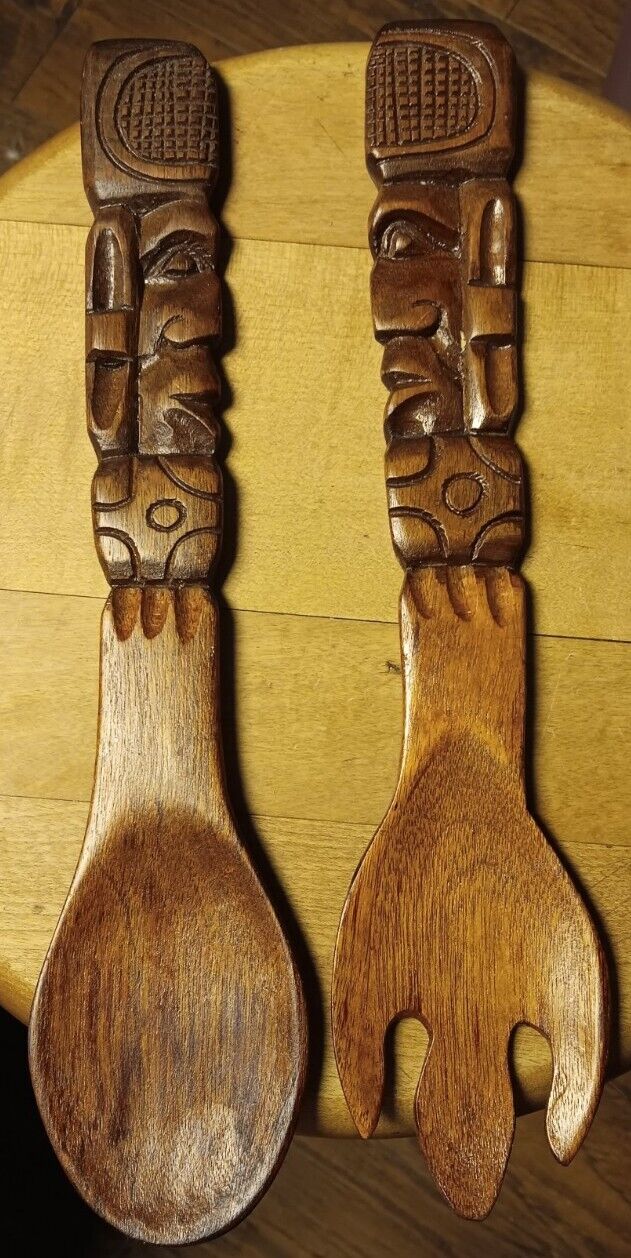 Vintage Wooden Carved Fork & Spoon Honduras 13\