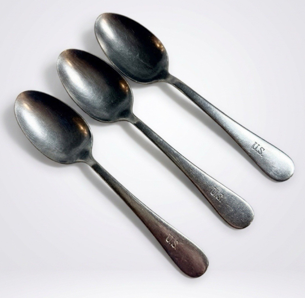 3 US Military WW2 Era Stainless Steel Mess Hall 7" Soup Spoons, WALLCO