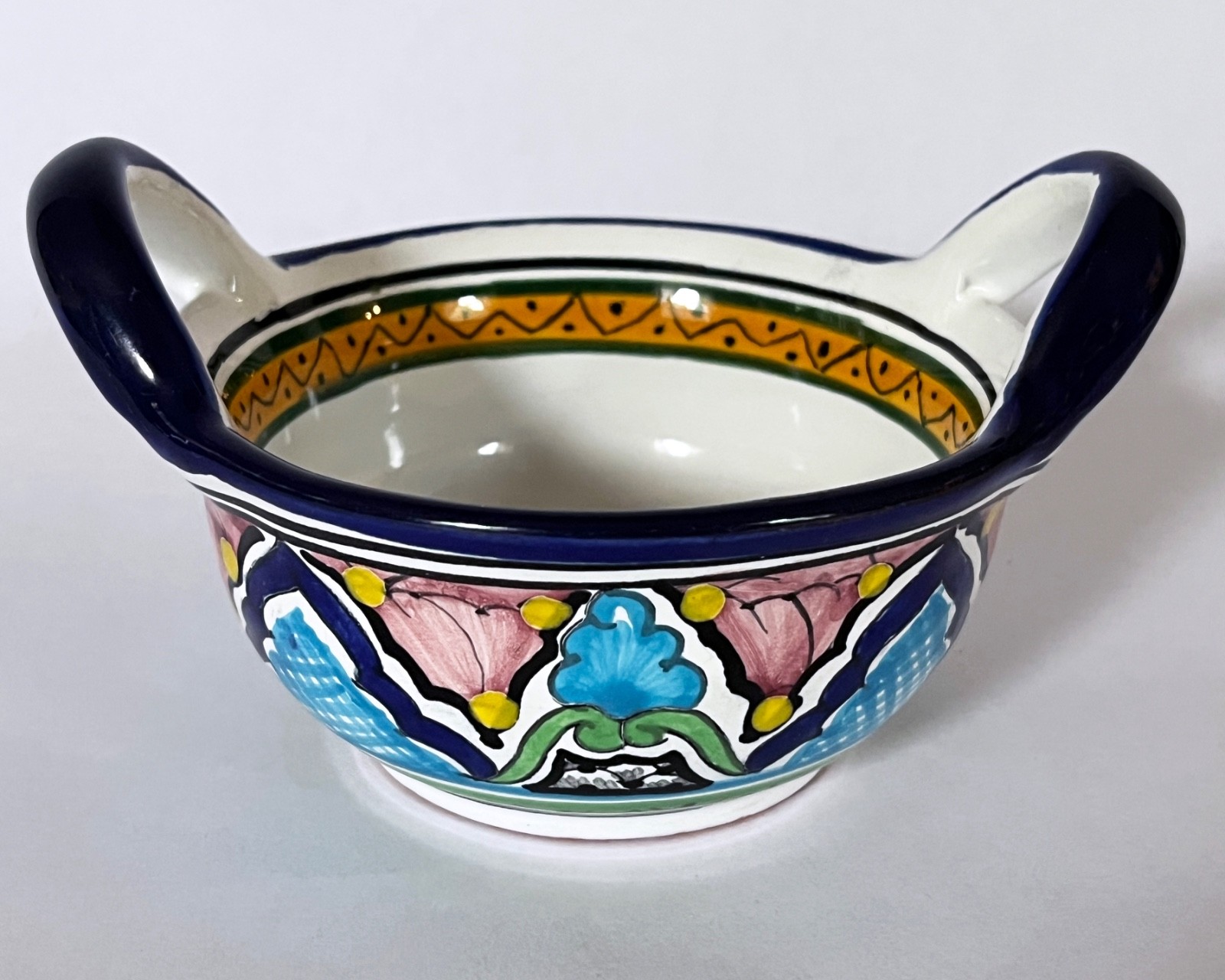 Vintage Hernandez Talavera Pottery Double-Handled 4" Bowl, Signed Vintage Hernandez Talavera Pottery Double-Handled 4" Bowl, Signed
