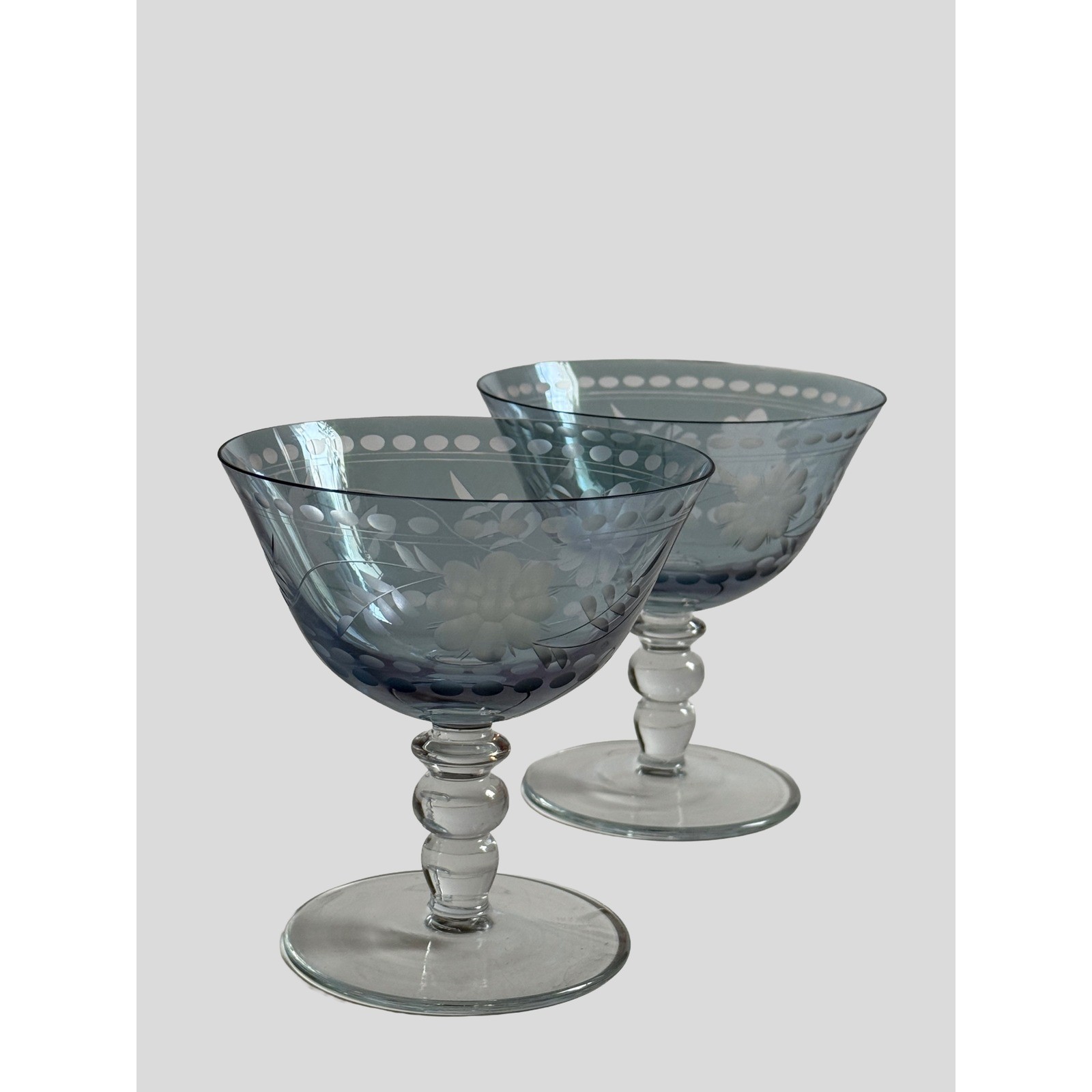 Vintage Royal Dunabe Blue Etched Glass Champagne Coupe Glasses Floral Set of Vintage Royal Dunabe Blue Etched Glass Champagne Coupe Glasses Floral Set of