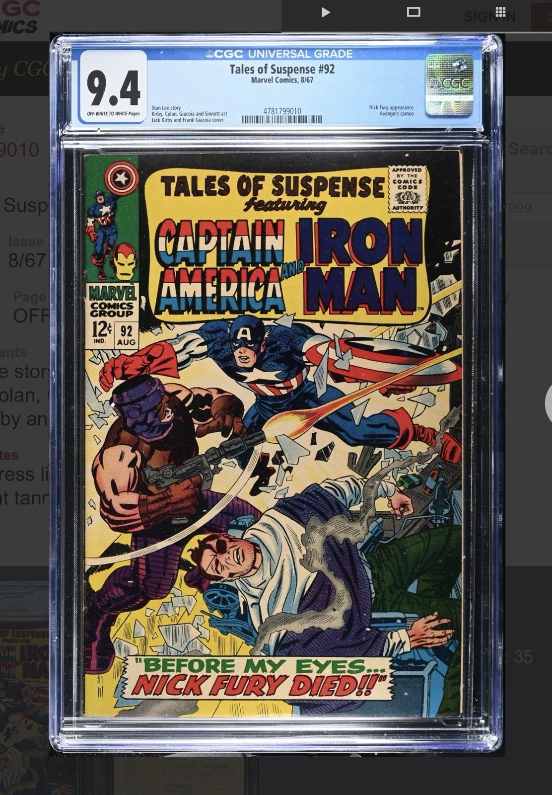 Tales Of Suspense # 92 CGC 9.4 OWW Pages Marvel Comics 1967 Tales Of Suspense # 92 CGC 9.4 OWW Pages Marvel Comics 1967