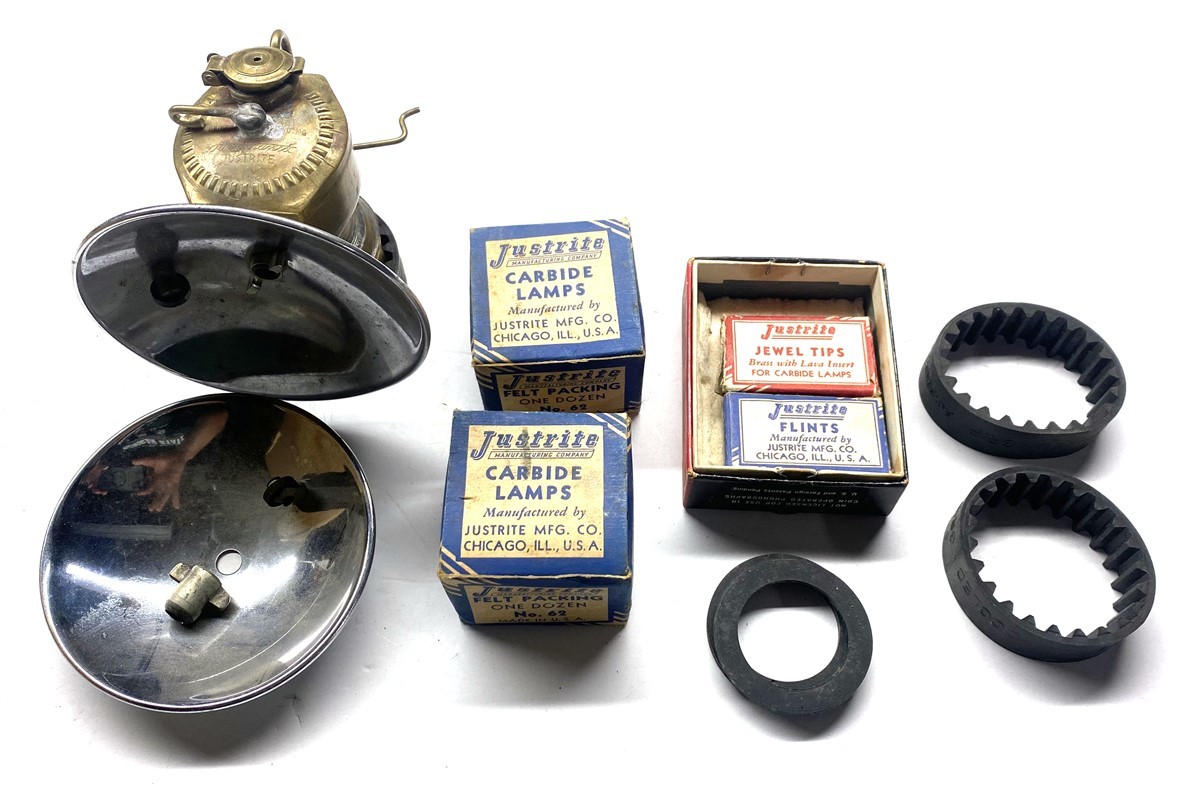 Vintage Antique Brass Justrite Carbide Miner's Cap Lamp Lantern with Extras Vintage Antique Brass Justrite Carbide Miner's Cap Lamp Lantern with Extras