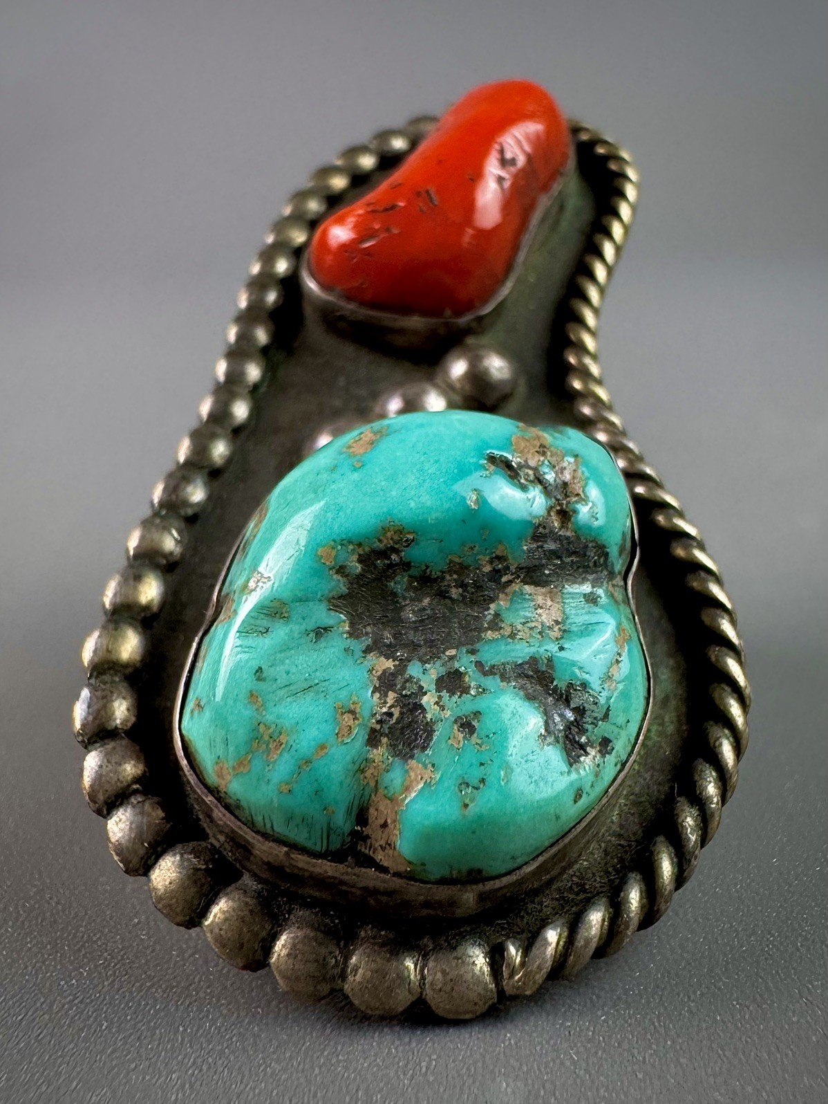 HUGE Vintage OLD PAWN Navajo Sterling Silver Turquoise & Coral Ring OVER 2” HUGE Vintage OLD PAWN Navajo Sterling Silver Turquoise & Coral Ring OVER 2”