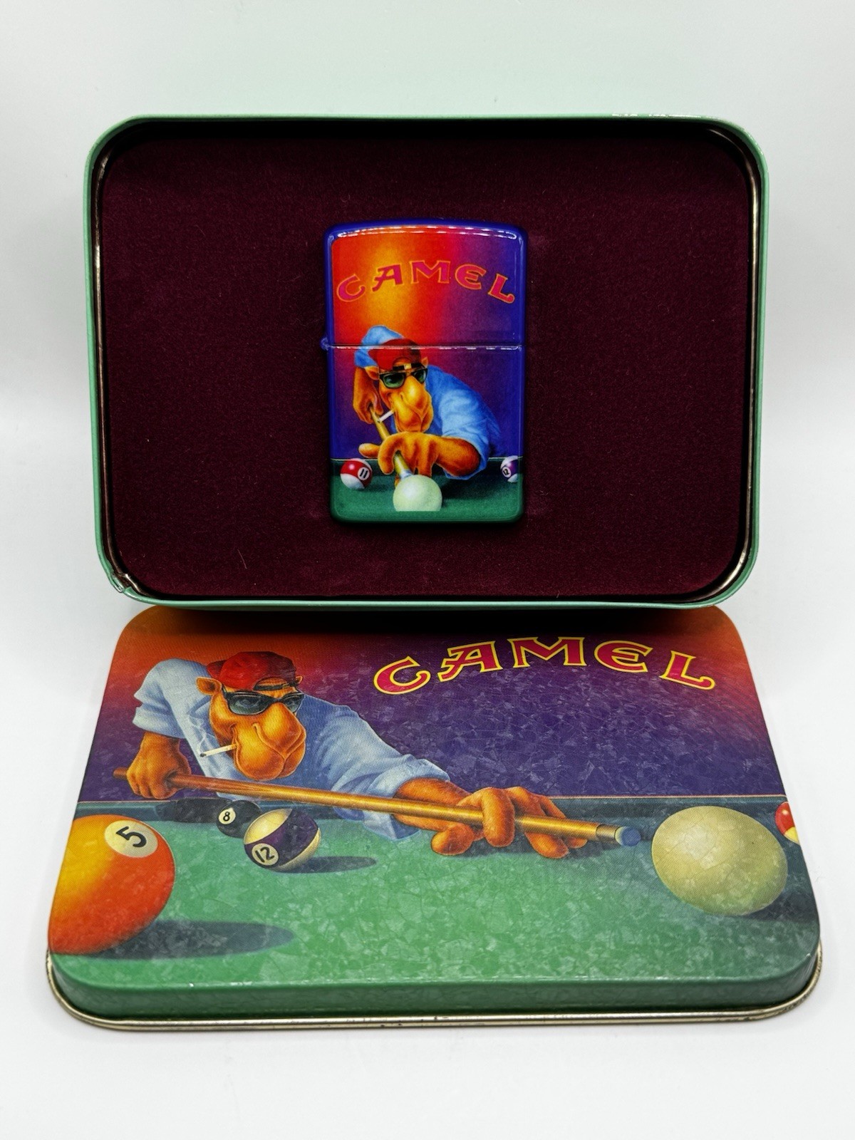 Zippo Joe Camel Pool Player Design Collectible Lighter w/ Tin Case Vintage Zippo Joe Camel Pool Player Design Collectible Lighter w/ Tin Case Vintage