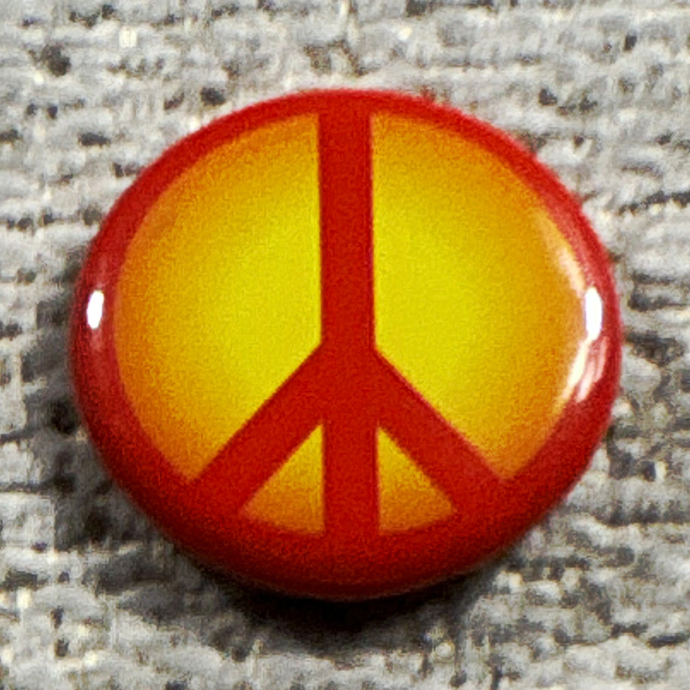Red & Yellow Peace Symbol Pinback Button Pin, Politics Theme Red & Yellow Peace Symbol Pinback Button Pin, Politics Theme