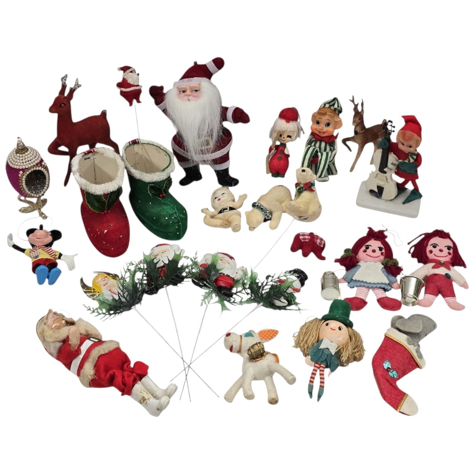 Vtg Kitschy Christmas Lot 25pc Inarco Elves Santa Flocked Japan Ornaments 1"-7"