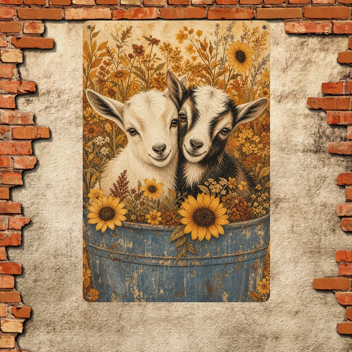 Two Adorable Goats Portrait Autumn Flowers Country Tin Plaque Two Adorable Goats Portrait Autumn Flowers Country Tin Plaque