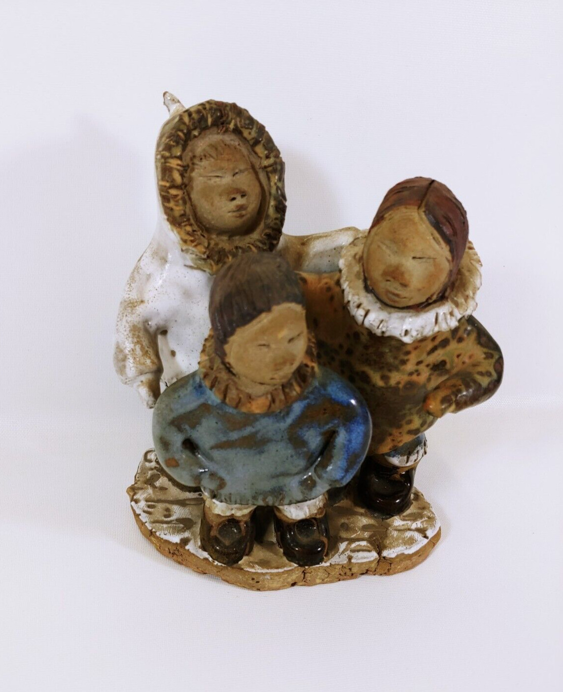 Vintage Lladro Pottery Eskimo Art Tri-Figure Family Totem - Winter / Ski