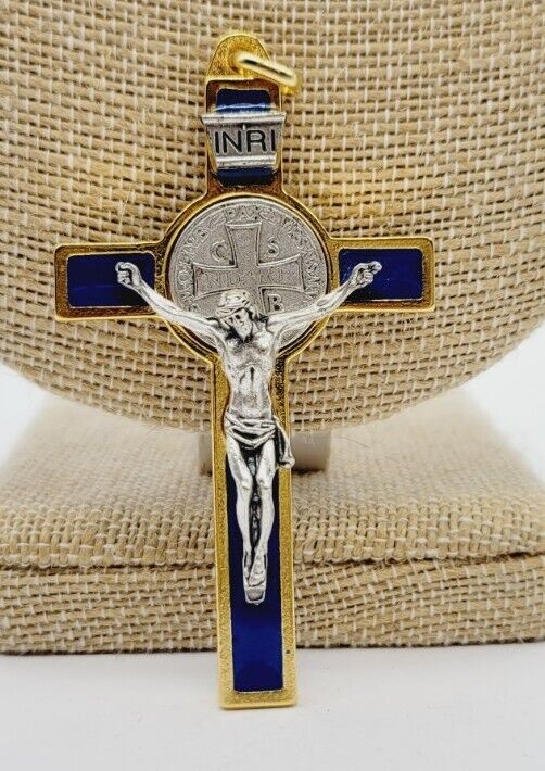 Vintage Benedictine Cross Pendant Large Blue Enamel Gold & Silver tone   † RARE