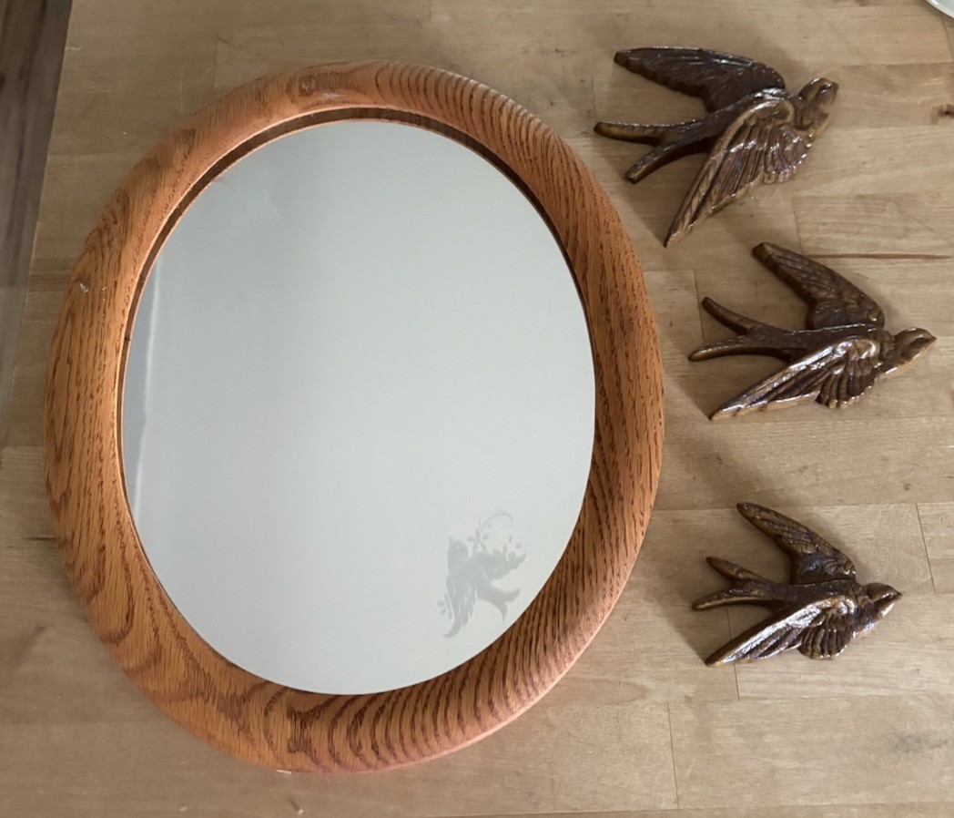 Vintage HOMCO Etched Swallow Mirror & Flying Bird Plaques Set MCM Faux Wood 4pc Vintage HOMCO Etched Swallow Mirror & Flying Bird Plaques Set MCM Faux Wood 4pc