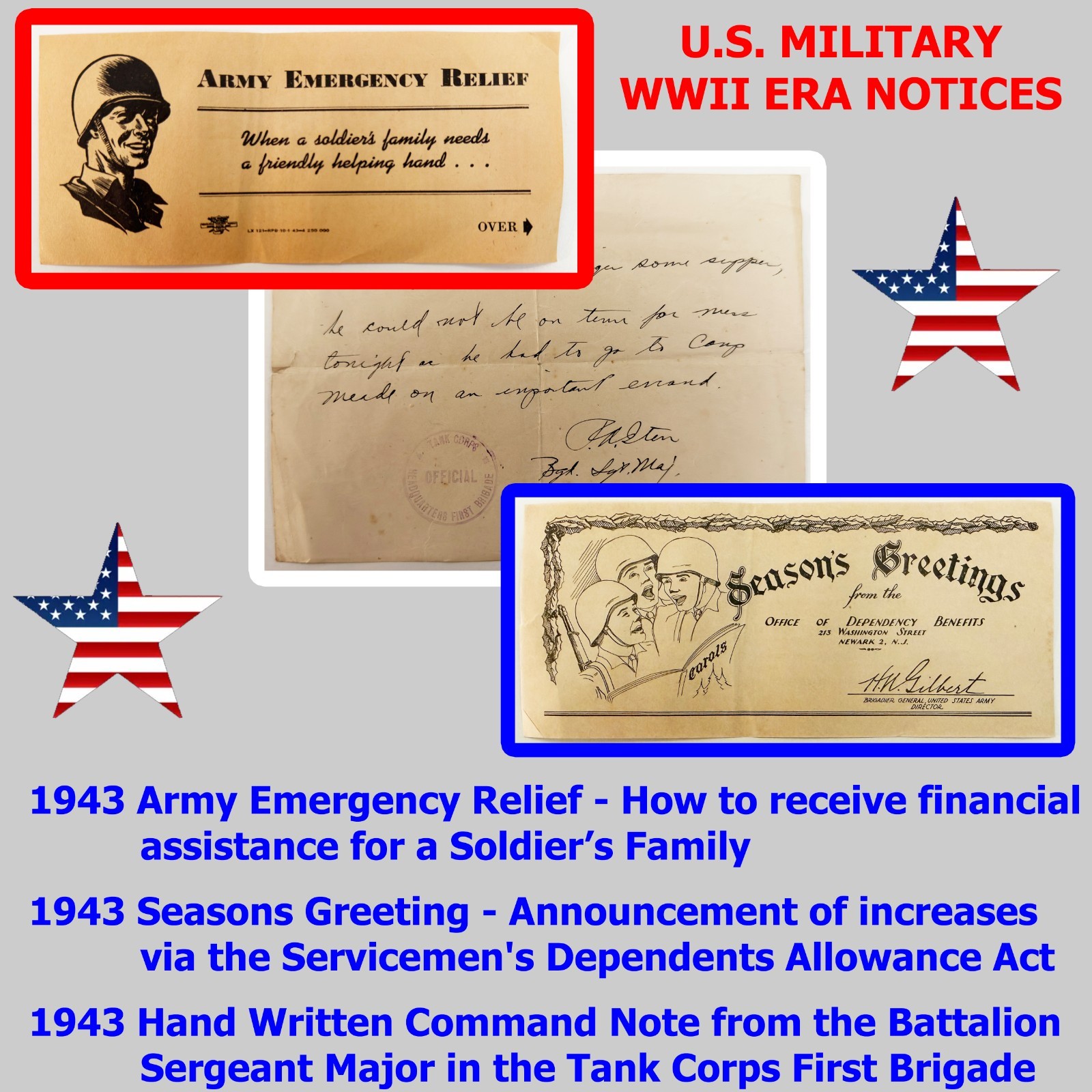 1943 WWII Era Military 2 Dependent Notices + 1 Internal Army Tank Corps RARE HTF 1943 WWII Era Military 2 Dependent Notices + 1 Internal Army Tank Corps RARE HTF