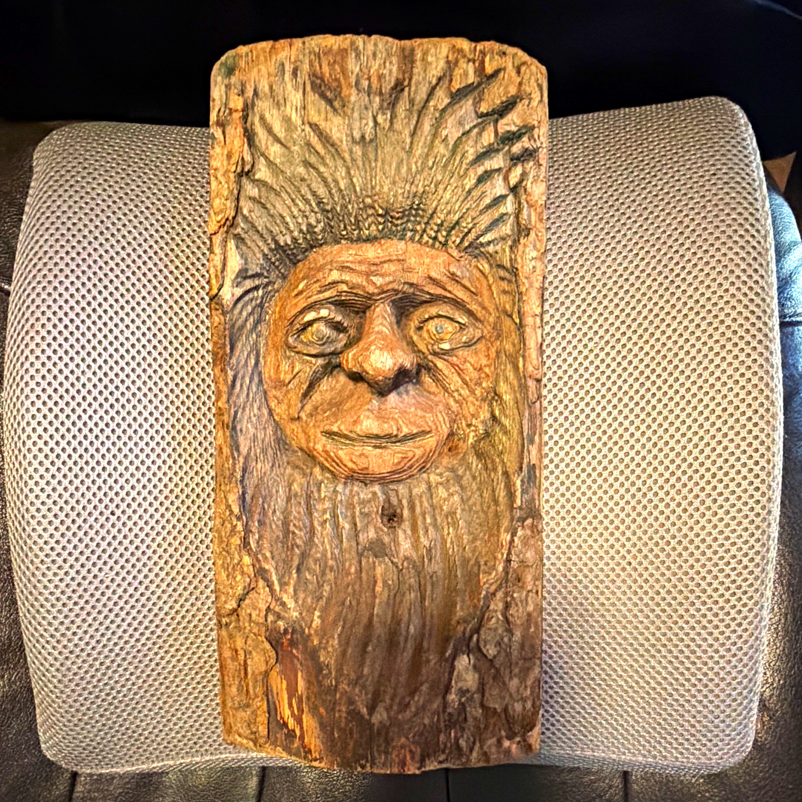 VTG Hand Carved Wooden Green Man Face Plaque Wall Art, Natural Wood Carving