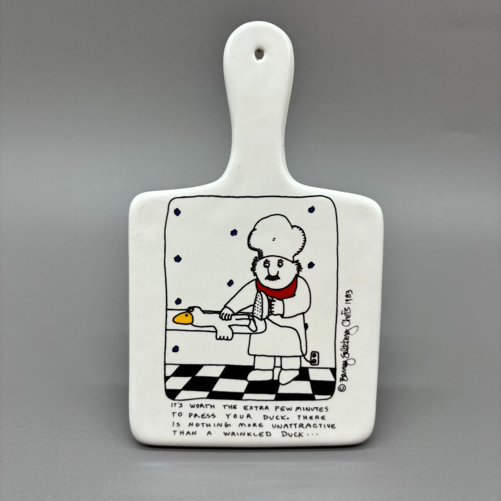 Barney Saltzberg Chefs Trivet White PRESS YOUR DUCK Vintage 80s Novelty Ceramic Barney Saltzberg Chefs Trivet White PRESS YOUR DUCK Vintage 80s Novelty Ceramic