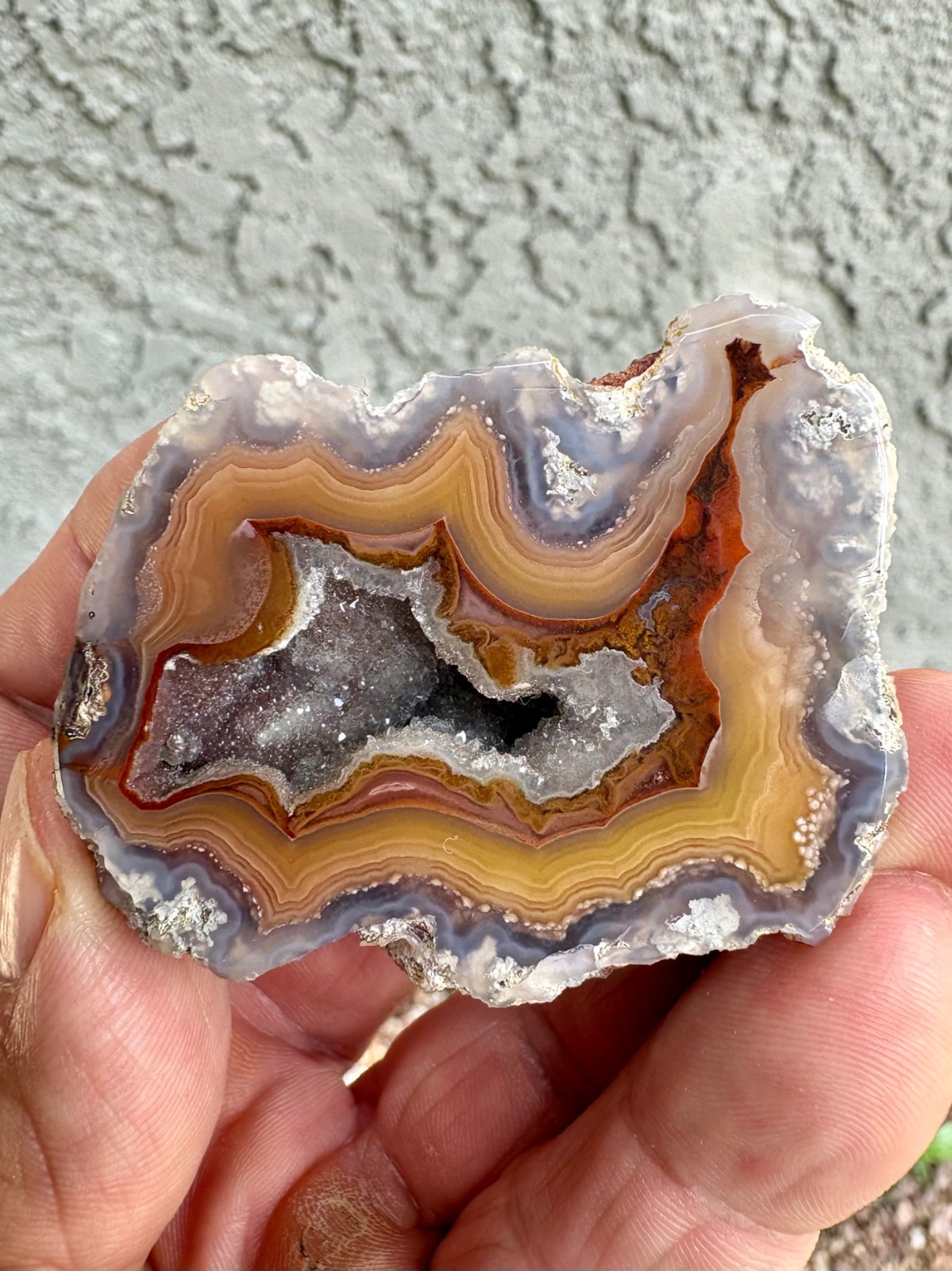 Yellow Orange & Blue Laguna Agate Excellent Banding w Quartz Pocket - Polished Yellow Orange & Blue Laguna Agate Excellent Banding w Quartz Pocket - Polished