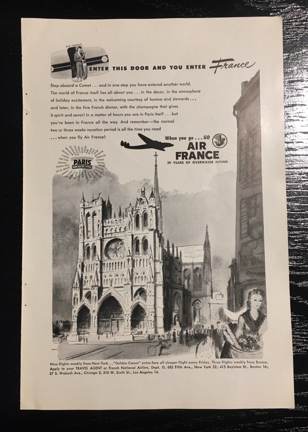 1948 Air France Airplane Vintage Print Ad Golden Comet Over Water Flight