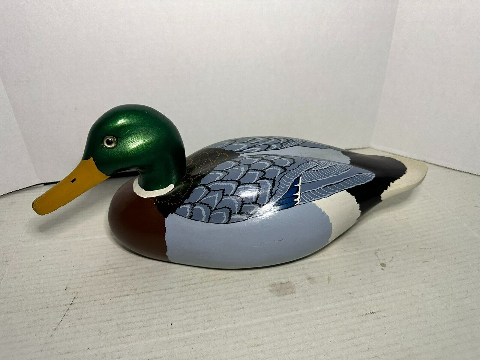 Vintage 1984 Wooden Mallard Drake Duck Hand Painted and carved with Glass signed