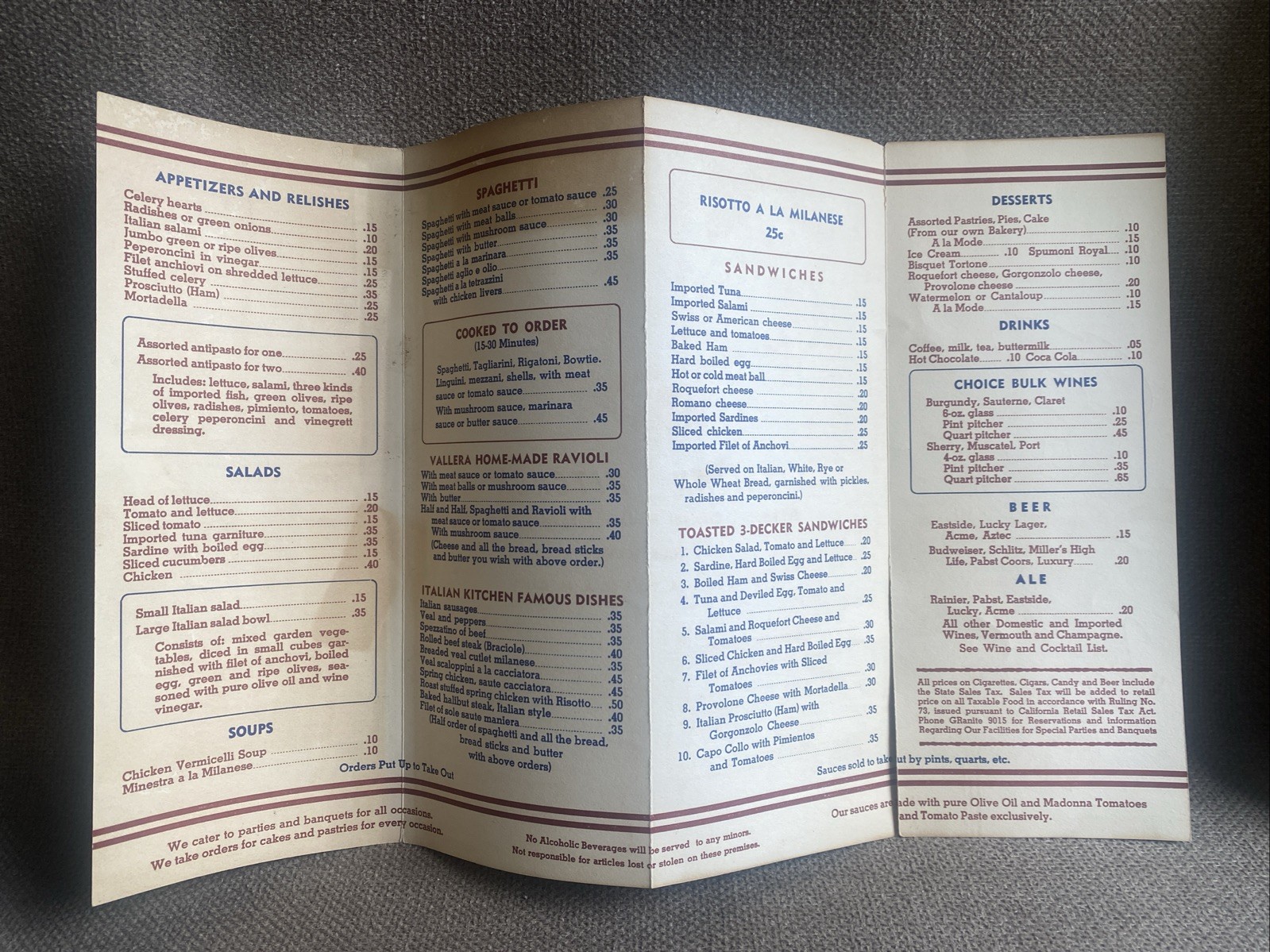 Vintage Menu Italian Kitchen ~Pantages Theatre Building Los Angeles ~Pre-1940s