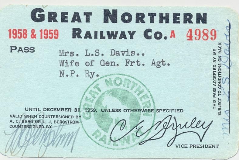 1958-59 GN Great Northern Railway employee pass - Northern Pacific Railroad 1958-59 GN Great Northern Railway employee pass - Northern Pacific Railroad
