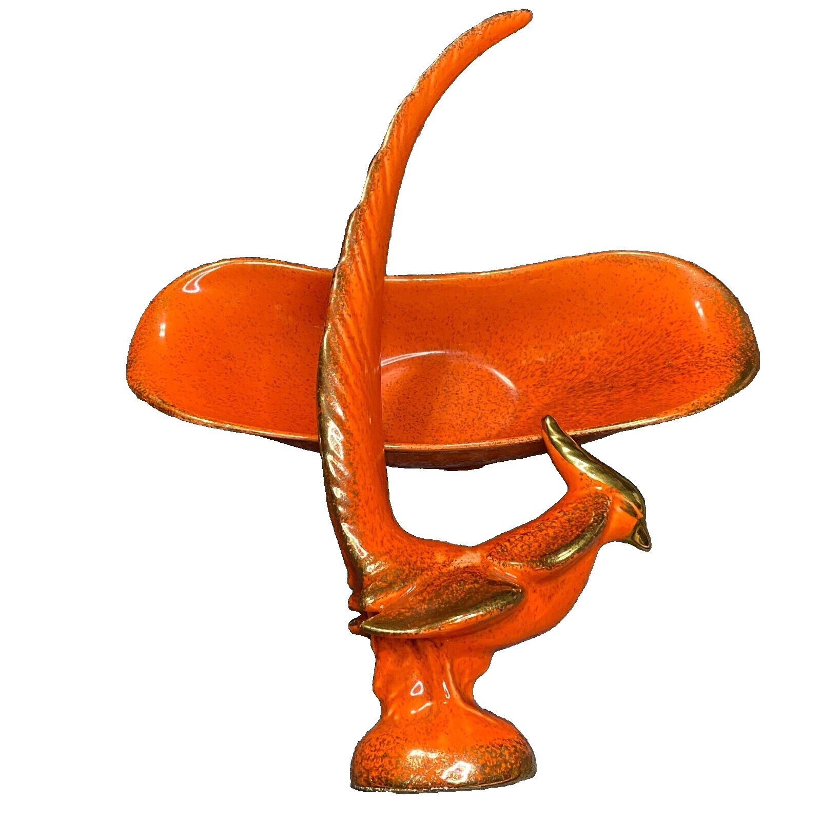 Vtg MCM Ceramic Exotic Pheasant Bird + Bowl Orange Gold Figurine Gilner Pottery