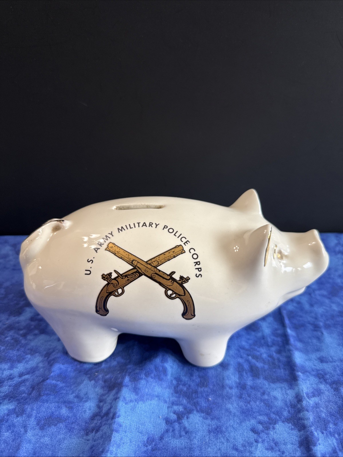 Vintage US Army MP Military Police Corps White Ceramic Piggy Bank Gold Accent Vintage US Army MP Military Police Corps White Ceramic Piggy Bank Gold Accent