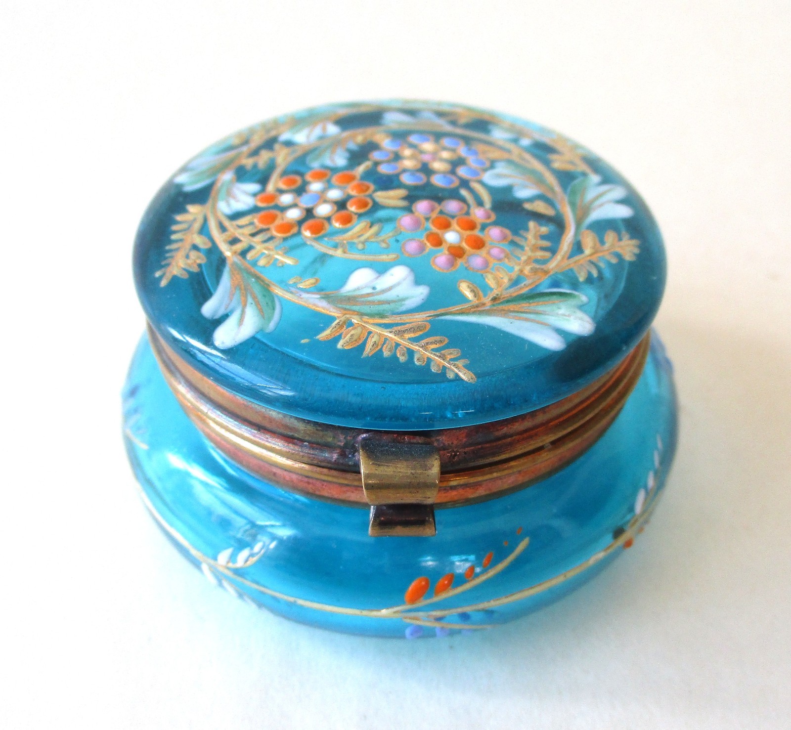 Antique Blue Glass FRENCH PILL BOX Aqua Turquoise Enamel Flowers Antique Blue Glass FRENCH PILL BOX Aqua Turquoise Enamel Flowers