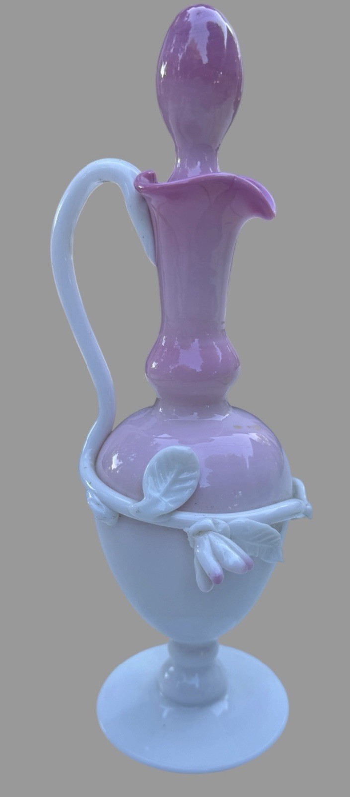 Antique Victorian Art Glass Ewer Decanter Pink White Applied Flowers Stopper 9” Antique Victorian Art Glass Ewer Decanter Pink White Applied Flowers Stopper 9”