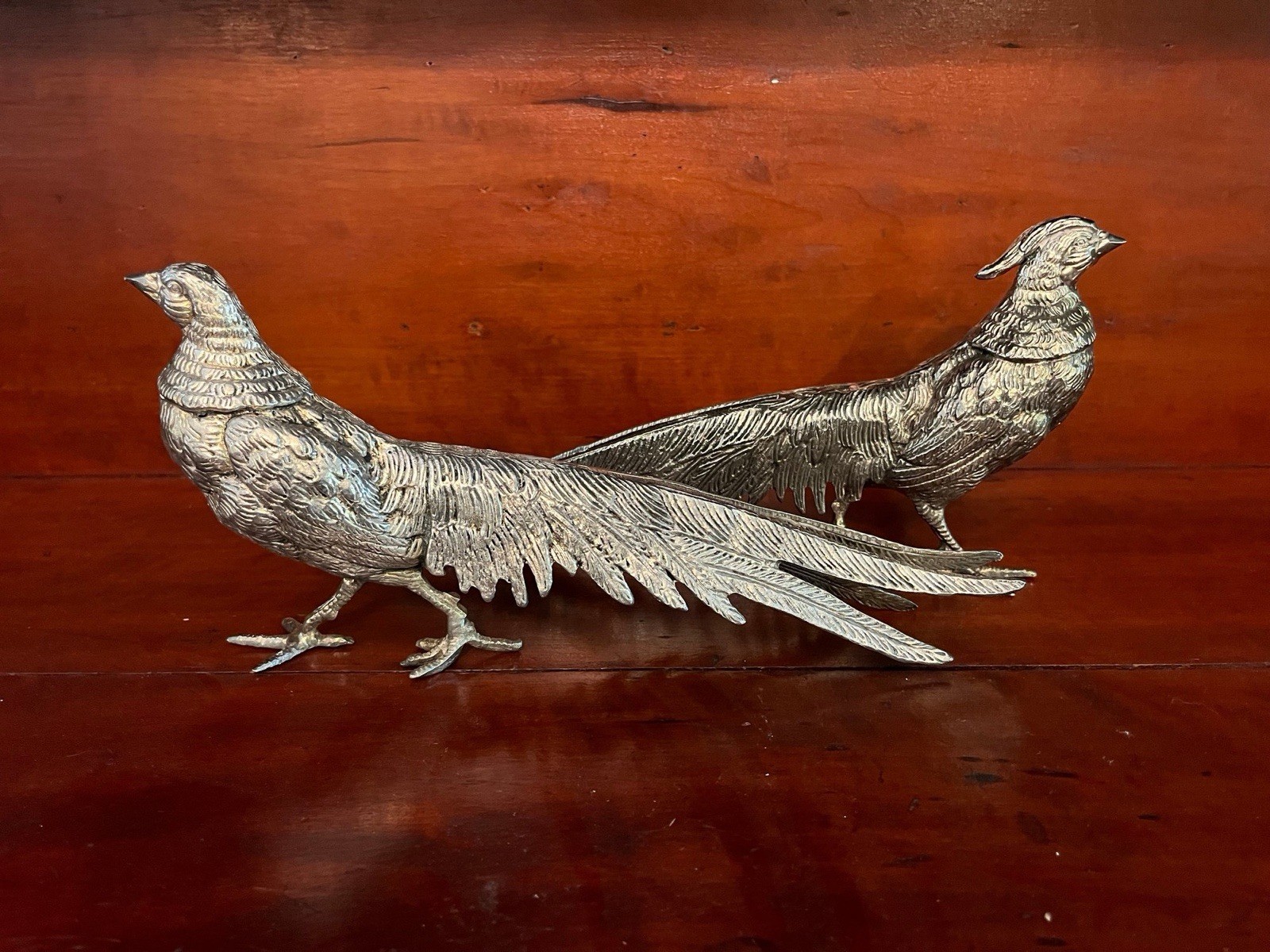 Vintage Alpaca Silver Italy Pair of Pheasants Art Figurine Statues
