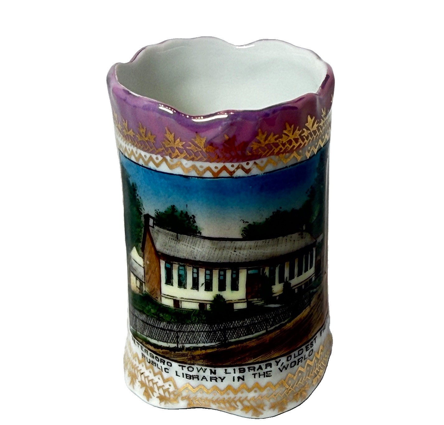 WOLFEBORO NH NEW HAMPSHIRE ANTIQUE Souvenir LIBRARY Porcelain TRINKET CUP