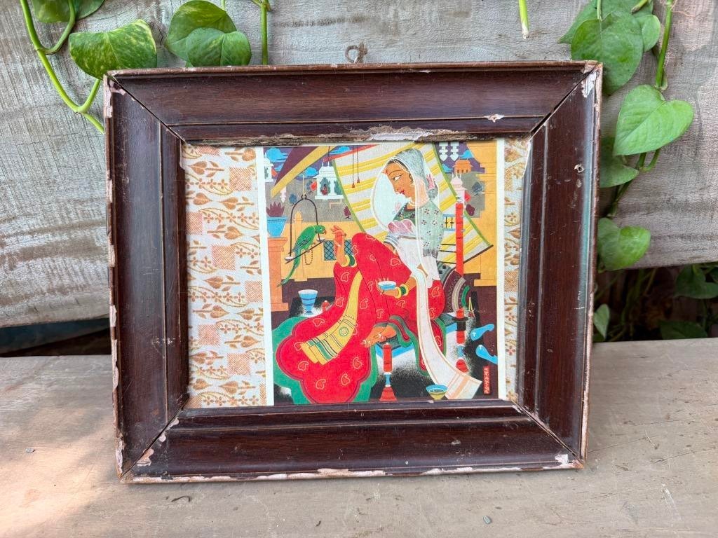 Vintage Indian Miniature Lady Painting Framed Folk Art Wall Decor 10.5" x 12.5" Vintage Indian Miniature Lady Painting Framed Folk Art Wall Decor 10.5" x 12.5"