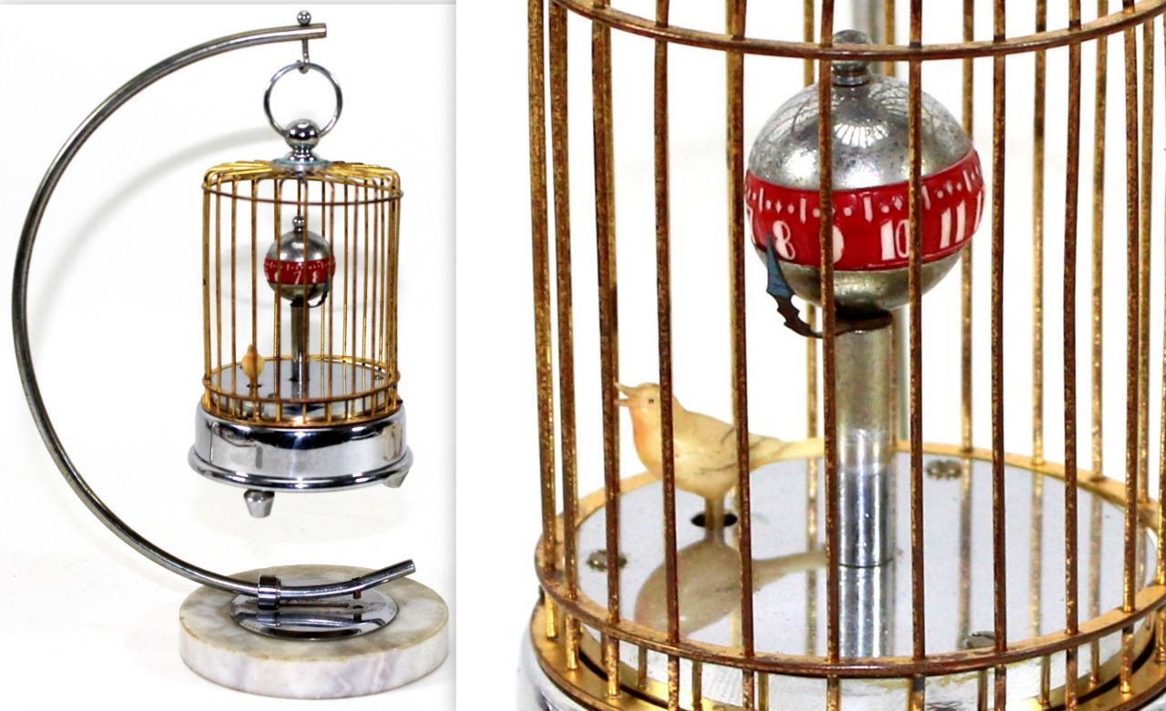 Vintage Automoton Birdcage Bird Clock w/ Stand ~ Keeps Good Time