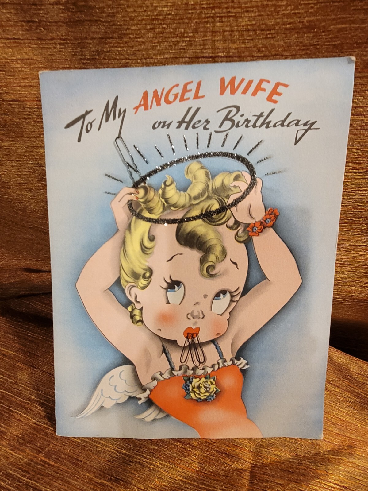 vintage/antique wifebirthday card w/glitter halo 10"× 8" TO MY ANGEL WIFE 1940 vintage/antique wifebirthday card w/glitter halo 10"× 8" TO MY ANGEL WIFE 1940